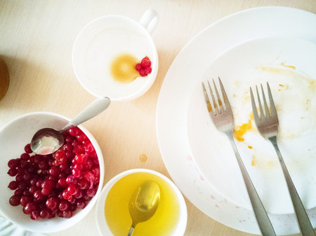 Remains after breakfast on the table.