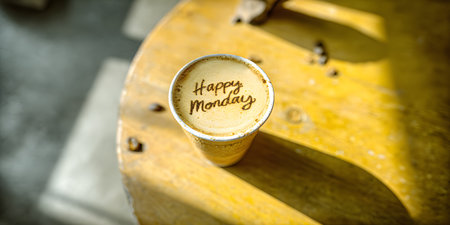 A paper cup containing hot coffee latte with Happy Monday written on it, on a wooden table in a coffee shop in the morningの素材