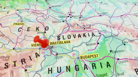 View of Bratislava, is the capital and largest city of the Slovak Republic and the fourth largest of all cities on the river Danube, on a geographical map of Europe, marked with reの写真素材