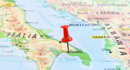 View of Taranto, historically also called Tarent in English, is a coastal city in Apulia, Southern Italy, capital of the province of Taranto, on a geographical map of Europeの写真素材