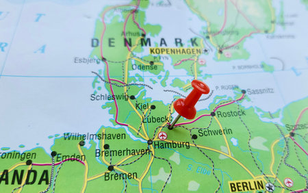 View of Lubeck, City in Schleswig, Holstein, in northern Germany, on a geographical map of Europa,...