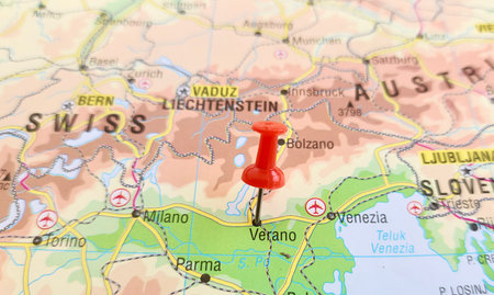 View of Verona, is the second-largest city in the region of Veneto in Italy, on a geographical map...