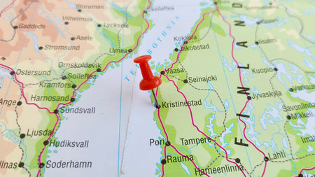 View of Kristinestad, Town in the region of Ostrobothnia in Finland, on a geographical map of...