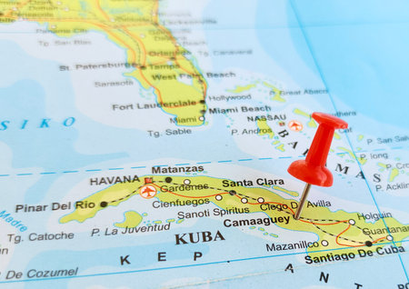 View of Camaguey, It is the capital of the Camaguey Province, Cuba, on a geographical map of...