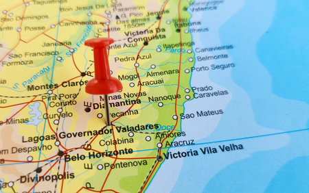 View of Governador Valadares, is a Brazilian municipality in the countryside of Minas Gerais, on a geographical map of America, marked with red pushpinの写真素材