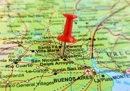 View of Rosario, is the largest city in the central Argentine province of Santa Fe The city, on a geographical map of America, marked with red pushpinの写真素材