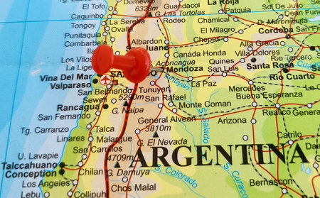 View of Mendoza, officially the City of Mendoza, is the capital of the province of Mendoza in Argentina, on a geographical map of America, marked with red pushpinの写真素材