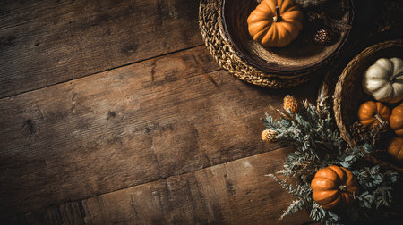 Autumn Harvest Table Decoration with Pumpkins and Pinecones, for Happy Thanksgiving celebration.の素材