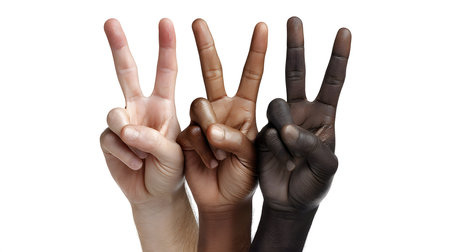 Three Hands Showing Peace Sign, A symbolic image of three human hands with different skin tones on a isolated white background.の素材
