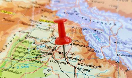 View of Jalandhar, Ancient city in the north Indian state of Punjab, on a geographical map of Asia, marked with red pushpinの写真素材