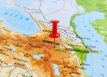View of Yerevan, is the capital and largest city of Armenia, on a geographical map of Asia, marked...