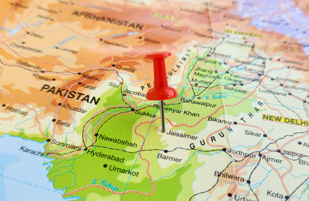 View of Jaisalmer, nicknamed The Golden city, is a city in the north-western Indian state of Rajasthan, on a geographical map of Asia, with red pinの写真素材