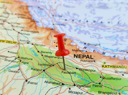 View of Faizabad, City in Uttar Pradesh, India, on a geographical map of Asia, with red pinの写真素材