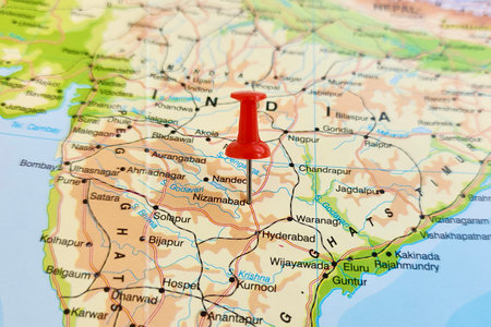 View of Nizamabad, is a city in the Indian state of Telangana, on a geographical map of Asia, marked with red pushpinの写真素材