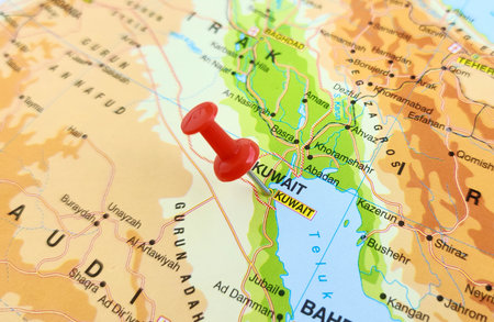 View of Kuwait, officially the State of Kuwait, is a country in West Asia and the geopolitical region known as the Middle East, on a geographical map of Asia, marked with red pinの写真素材