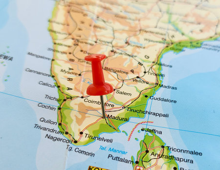 View of Madurai, is a major city in the Indian state of Tamil Nadu, India, on a geographical map of Asia, marked with red pushpinの写真素材