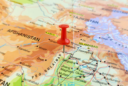 View of Bannu, also called Bani Gul or Bani is a city located on the Kurram River in southern Khyber Pakhtunkhwa, Pakistan, on a geographical map of Asia, marked with red pushpinの写真素材