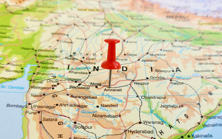 View of Amravati, City in the state of Maharashtra, India, on a geographical map of Asia, marked with red pushpinの写真素材