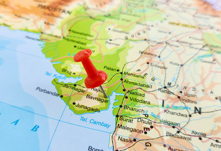 View of Bhavnagar, is a city and the headquarters of Bhavnagar district in the Indian state of Gujarat, on a geographical map of Asia, marked with red pushpinの写真素材