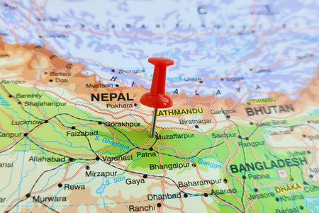 View of Muzaffarpur, City in Bihar state, India, on a geographical map of Asia, marked with red pushpinの写真素材