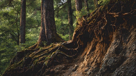 Massive tree roots sprawling across a rocky hillside in a dense forest. Massive tree roots sprawling across a rocky hillside in a dense forest, roots gripping the uneven terrain.の素材