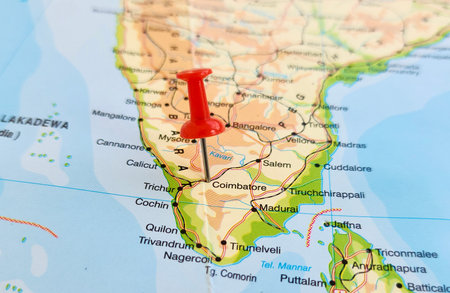 View of Coimbatore, also known as Kovai, is one of the major metropolitan cities in the Indian state of Tamil Nadu, on a geographical map of Asia, marked with red pushpinの写真素材
