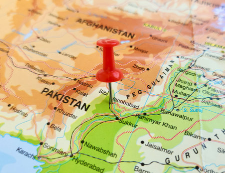 View of Jacobabad, formerly known as Khanger, is a city in Sindh, Pakistan, on a geographical map of Asia, marked with red pushpinの写真素材