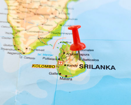 View of Batticaloa, is a major city in the Eastern Province, Sri Lanka, and its former capital, on a geographical map of Asia, marked with red pushpinの写真素材