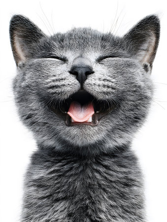 Laughing Gray Cat Close-Up, a cat with its mouth wide open appearing to laugh or meow joyfully.の素材