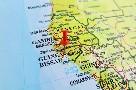 View of Bissau, is the capital and largest city of Guinea-Bissau, on a geographical map of Africa,...