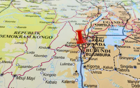 View of Bujumbura, formerly Usumbura, is the economic capital, largest city and main port of Burundi, on a geographical map of Africa, marked with red pushpinの写真素材