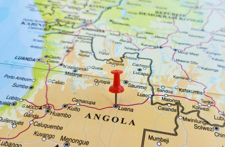 View of Luena, Town in Moxico Province, Angola, on a geographical map of Africa, marked with red pushpinの写真素材
