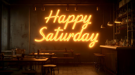 Happy Saturday Neon Sign in Cozy Bar, The sign illuminates the rustic tables, stools, and bar counter, creating a relaxed weekend evening ambiance.の素材
