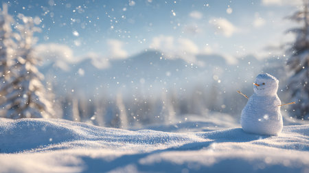 Peaceful Winter Scene with Snowman, Gentle snowflakes fall against a blurred background of snow-covered trees and distant mountains under a clear blue sky.の素材