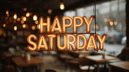 Happy Saturday Neon Sign in Cozy Bar, The sign illuminates the rustic tables, stools, and bar counter, creating a relaxed weekend evening ambiance.の素材