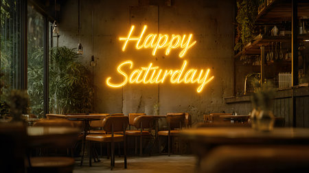 Happy Saturday Neon Sign in Cozy Bar, The sign illuminates the rustic tables, stools, and bar counter, creating a relaxed weekend evening ambiance.の素材