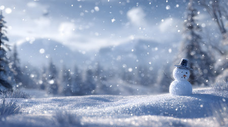 Peaceful Winter Scene with Snowman, Gentle snowflakes fall against a blurred background of snow-covered trees and distant mountains under a clear blue sky.の素材