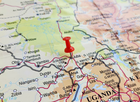 View of Juba, is the capital and largest city of South Sudan, on a geographical map of Africa, marked with red pushpinの写真素材