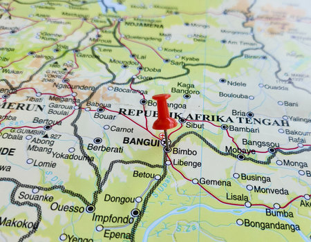 View of Bimbo, is located 25.5 kilometres by road southwest of the centre of the capital, Bangui, on a geographical map of Africa, marked with red pushpinの写真素材