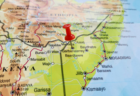 View of Garbahare, is the capital of Gedo, an administrative region in southern Somalia, on a geographical map of Africa, marked with red pushpinの写真素材