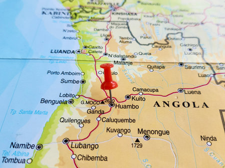 View of Huambo, formerly Nova Lisboa, is the third-most populous city in Angola, on a geographical map of Africa, marked with red pushpinの写真素材
