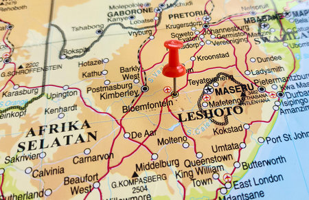 View of Bloemfontein, also known as Bloem, is the capital and the largest city of the Free State province in South Africa, on a geographical map of Africa, marked with red pushpinの写真素材