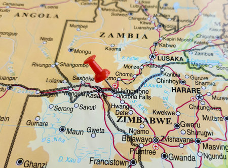 View of Livingstone, is a city in Southern Province, Zambia, on a geographical map of Africa, marked with red pushpinの写真素材