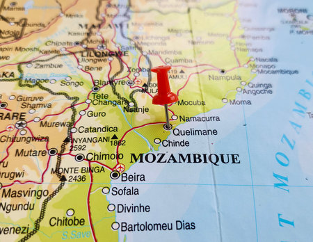 View of Quelimane, is a seaport in Mozambique, on a geographical map of Africa, marked with red pushpinの写真素材