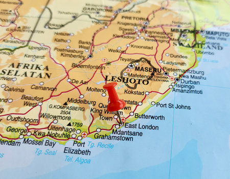 View of East London, City in the Eastern Cape, South Africa, on a geographical map of Africa, marked with red pushpinの写真素材