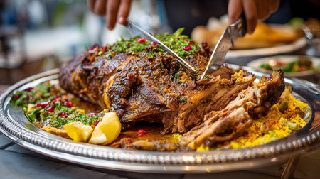 Traditional Middle Eastern Grilled Lamb, The tender lamb is being carved, revealing its juicy and flavorful texture.の素材