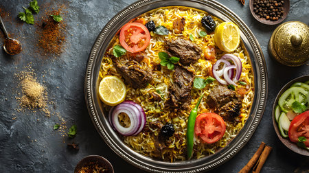 Kabsa, a traditional Middle Eastern dish, consists of basmati rice mixed with tender pieces of lamb. A variety of spices and herbs create a rich and mouth-watering dish.の素材