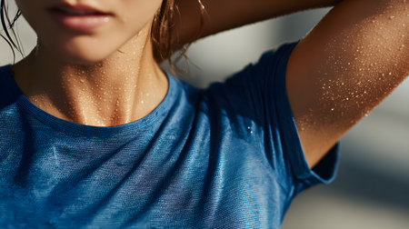 Close-Up of a Woman After Exercising, Her T-shirt is wet from sweat. The image captures the freshness, energy, and effort of fitness training.の素材