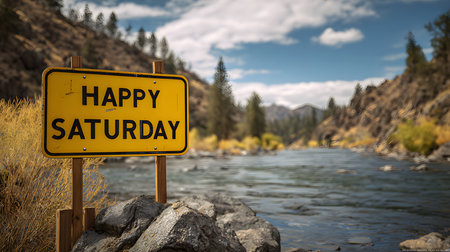Happy Saturday Sign by the River, the letters stands near a riverside with mountains in the background. The scene captures a cheerful message, symbolizing relaxation and positivityの素材