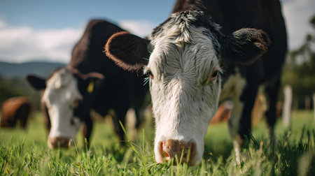 Cows Grazing on Green Pasture, a group of black-and-white cows feeding on fresh green grass in an green fields.の素材